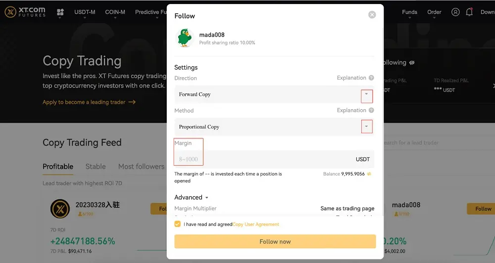 تنظیم مقدار سرمایه در Copy Trading در XT