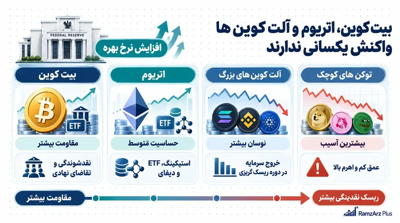 تفاوت واکنش بیت کوین، اتریوم و آلت کوین ها به افزایش نرخ بهره.